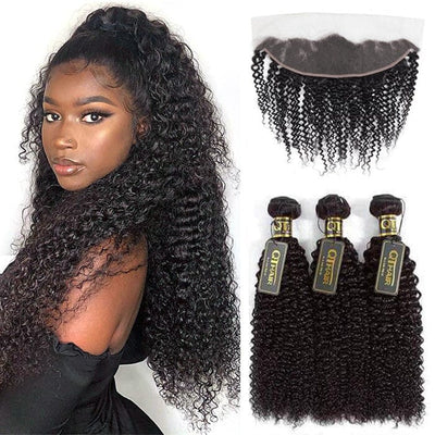 Tissage en lot de cheveux humains crépus et bouclés avec dentelle frontale 13x4, couleur naturelle