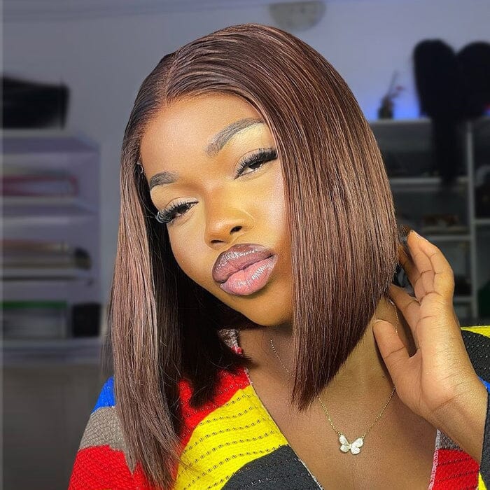 SDD Brown Color #4 Short Bob Lace Wigs Silky Straight Chocolate Human Hair