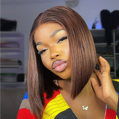 SDD Brown Color #4 Short Bob Lace Wigs Silky Straight Chocolate Human Hair