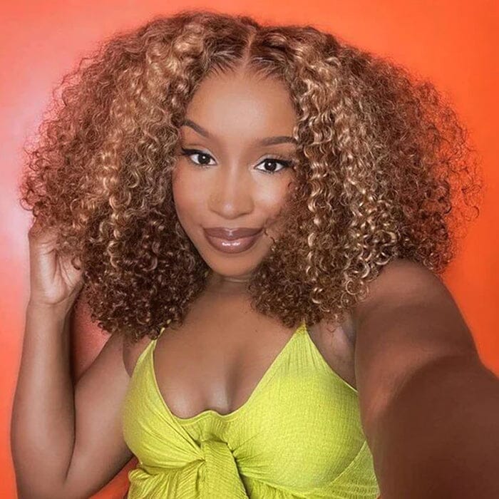 Curly Bob Lace Frontal Wig Pre Plucked Ombre Highlight Human Hair