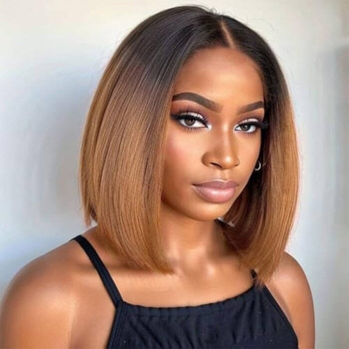 Dark Roots Ombre Color 30 Lace Wigs Short Bob Siky Straight Human Hair