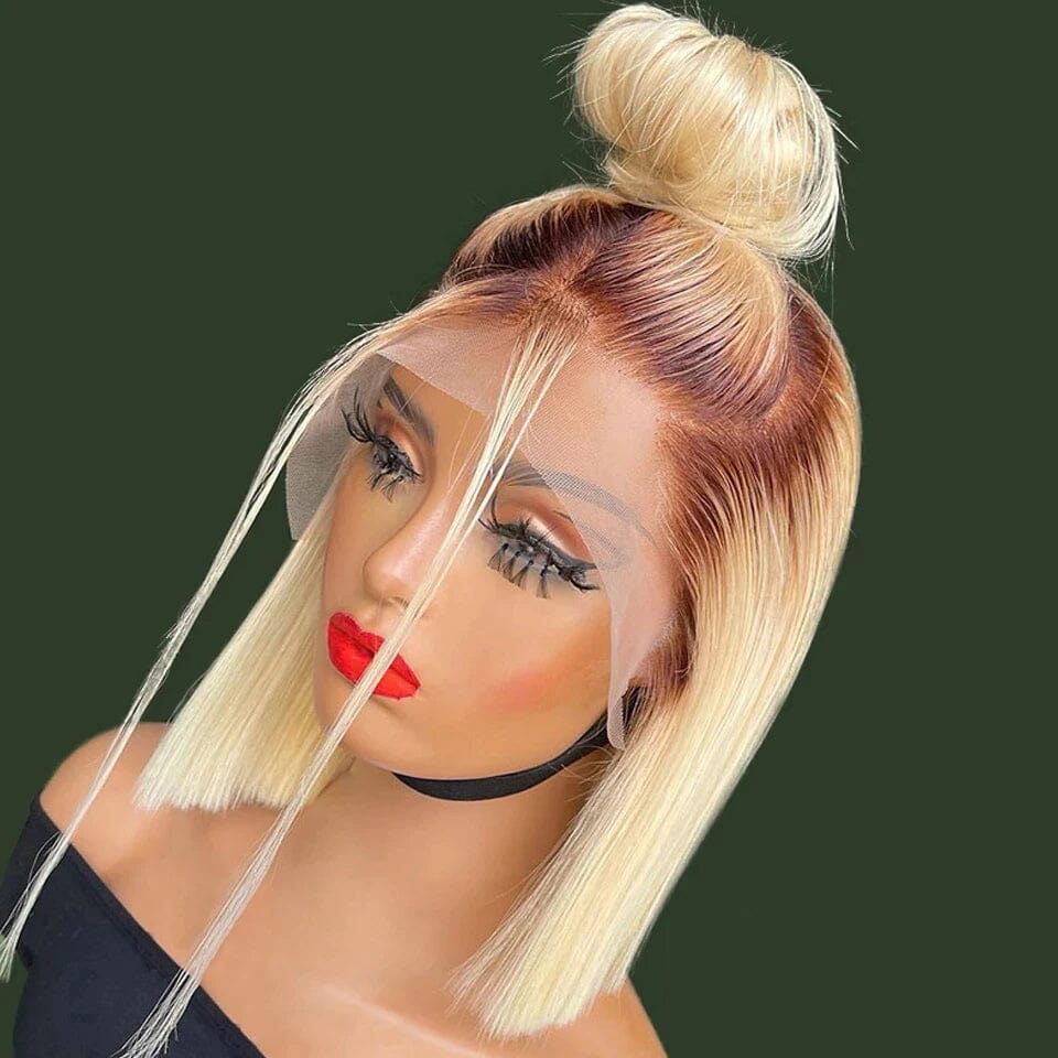 Honey Blonde Highlight Short Bob Lace Frontal Wig Bone Straight 613 Human Hair