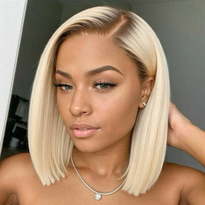 Honey Blonde Highlight Short Bob Lace Frontal Wig Bone Straight 613 Human Hair