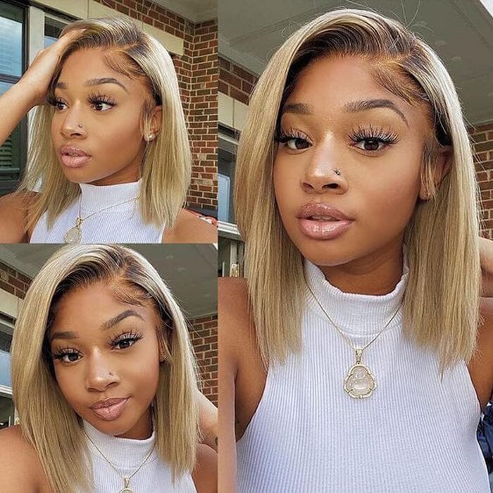Honey Blonde Highlight Short Bob Lace Frontal Wig Bone Straight 613 Human Hair