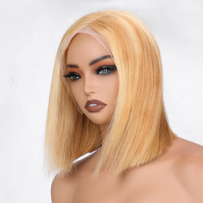 Honey Blonde Highlight Short Bob Lace Frontal Wig Bone Straight 613 Human Hair