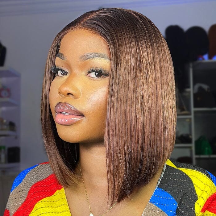 SDD Brown Color #4 Short Bob Lace Wigs Silky Straight Chocolate Human Hair