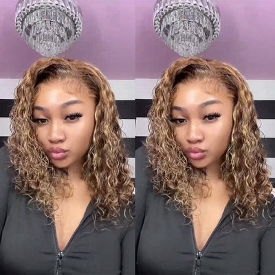 Ombre Highlight Lace Frontal Wig Short Bob Water Wave Human Hair