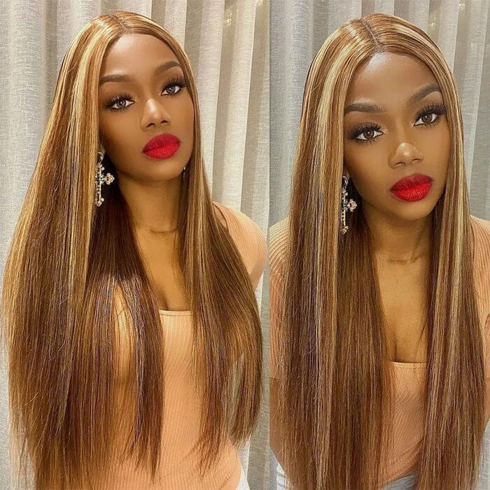 Pre-cut Glueless Wig Put On and Go Honey Blonde Highlights 8*5 Lace Wig Straight Human Hair