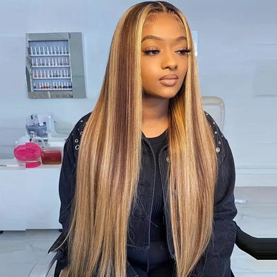 Pre-cut Glueless Wig Put On and Go Honey Blonde Highlights 8*5 Lace Wig Straight Human Hair