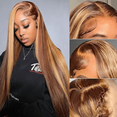 Pre-cut Glueless Wig Put On and Go Honey Blonde Highlights 8*5 Lace Wig Straight Human Hair
