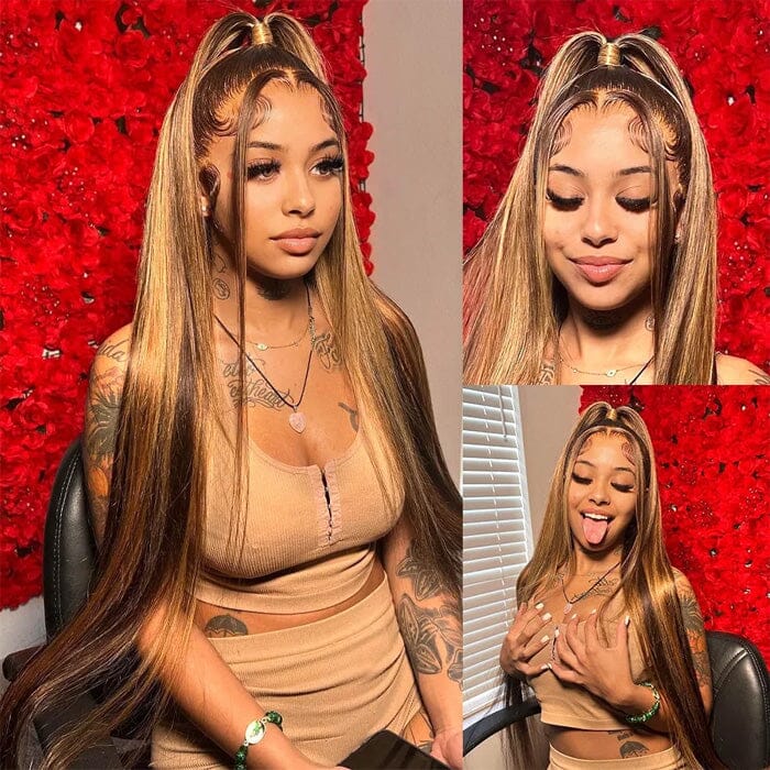 Pre-cut Glueless Wig Put On and Go Honey Blonde Highlights 8*5 Lace Wig Straight Human Hair